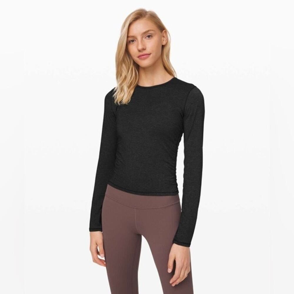 Lululemon Truthful Form Long Sleeve Heathered Black Ruched Cashlu Crop Top Sz 8